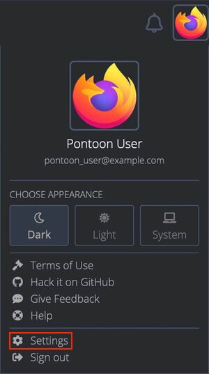 User menu with profile settings User menu with profile settings